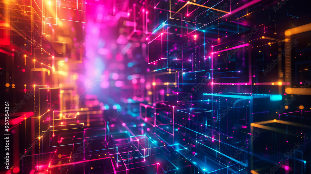 Poster a colorful, neon-lit room with a lot of squares and dots. the room is filled with a lot of different