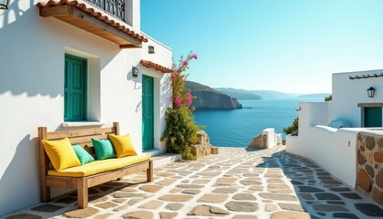 Fototapeta premium Charming white houses line a quaint street, with a cozy bench and a serene sea view under warm sunlight.