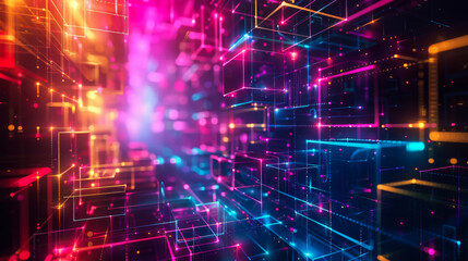 Fototapeta premium A colorful, neon-lit room with a lot of squares and dots. The room is filled with a lot of different colors and shapes, creating a sense of movement and energy. Scene is one of excitement.