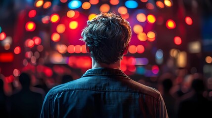 A man stands in awe at a vibrant music concert, surrounded by colorful lights and an energetic crowd atmosphere.