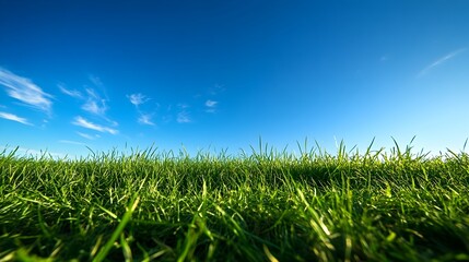 Fototapeta premium Expansive Early Morning Meadow with Bright Blue Sky and Lush Green Grass Landscape