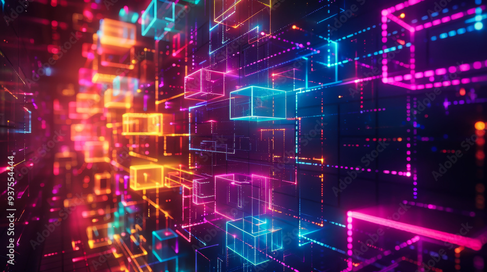 Poster a colorful, neon-lit room with a lot of squares and dots. the room is filled with a lot of different