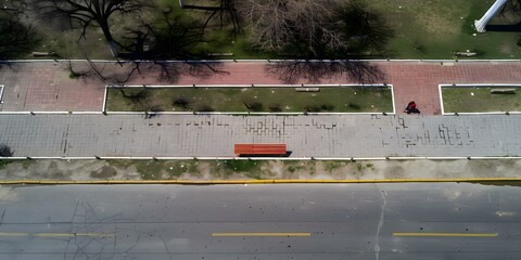 Aerial View of a City Street with a Red Bench and a Person