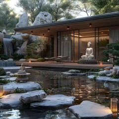 Obraz premium Serene Zen-Inspired Meditation Garden with Peaceful Atmosphere and Tranquil Ambiance