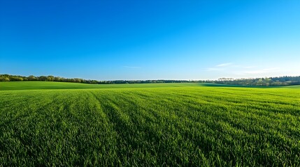 Obraz premium Vast Pastoral Landscape with Lush Green Meadow Under Serene Blue Sky