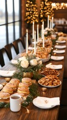 A beautifully arranged festive table setting with candles, delicious treats, and elegant decor for a joyful celebration.