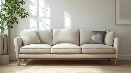 Fototapeta premium A modern, minimalist sofa in a bright, airy living room, creating a cozy and inviting atmosphere with natural light.