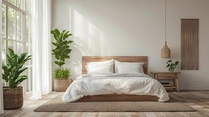 A serene and modern bedroom featuring a wooden bed, plants, and abundant natural light, creating a tranquil atmosphere.