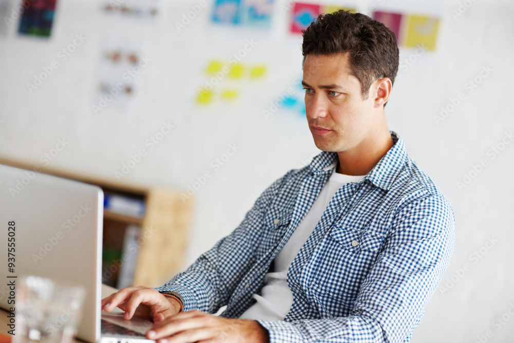 Poster Graphic designer, man and typing in office with laptop for process, thinking and problem solving at company. Person, employee and reading with computer for project management at creative agency
