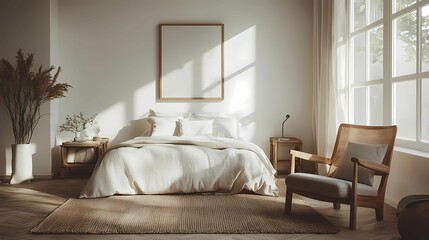 Fototapeta premium A serene bedroom featuring soft tones, natural light, and minimalist decor, perfect for relaxation and comfort.