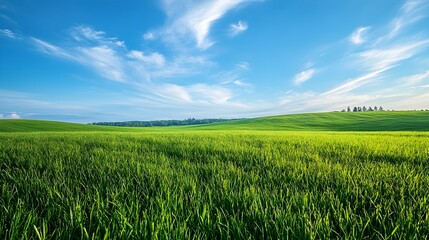 Obraz premium Early Morning Scenic Countryside Landscape with Clear Blue Sky and Lush Green Grass Field