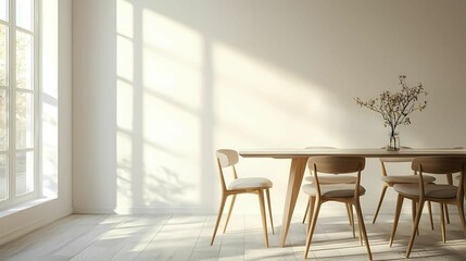 Fototapeta premium A serene dining area featuring a wooden table, chairs, and soft natural light for a warm, inviting atmosphere.