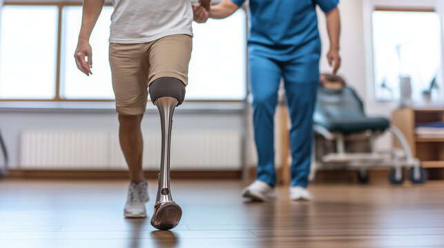 A patient walking with a new prosthetic leg, guided by a therapist in a rehabilitation room, focusing on progress and support, with copy space