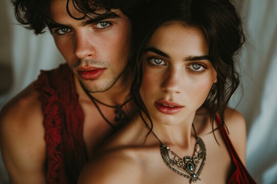 Tender Embrace Between Young Couple Against Dark Backdrop