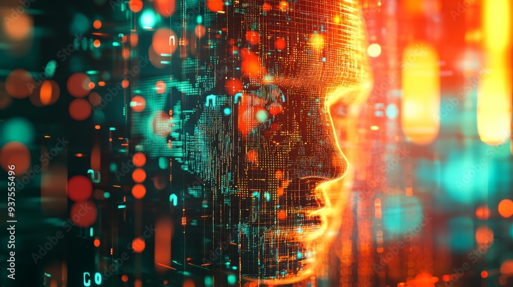 Poster abstract concept of artificial intelligence with digital human face and futuristic technology backgr
