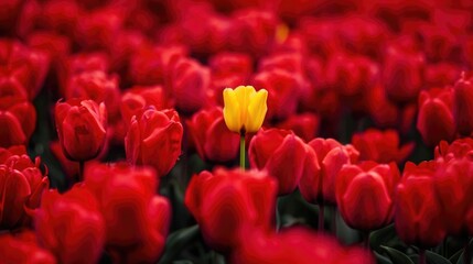 Solitary Yellow Tulip Standing Out in Vibrant Red Tulip Field