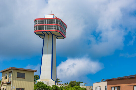 Tojinbo Tower was built on the coast of the Sea of Japan to entertain tourists with a spectacular view from its observation platform, Fukui Prefecture, Japan.