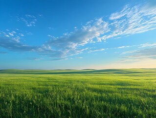 Fototapeta premium Breathtaking scenic view of lush green grassy field under blue sky with puffy clouds