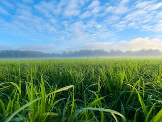 Early Morning Scenic Pastoral Landscape with Lush Green Grass and Hazy Blue Skies