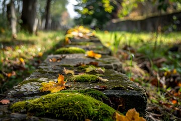 Obraz premium Stone Path Covered in Moss with Fallen Autumn Leaves
