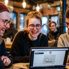 Fototapeta premium Laughing Friends Working on Laptop in Cafe