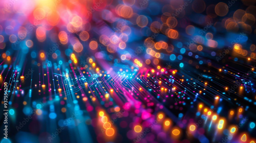 Poster close-up of thousands of strings of light inside a computer nanochip. technology concept.