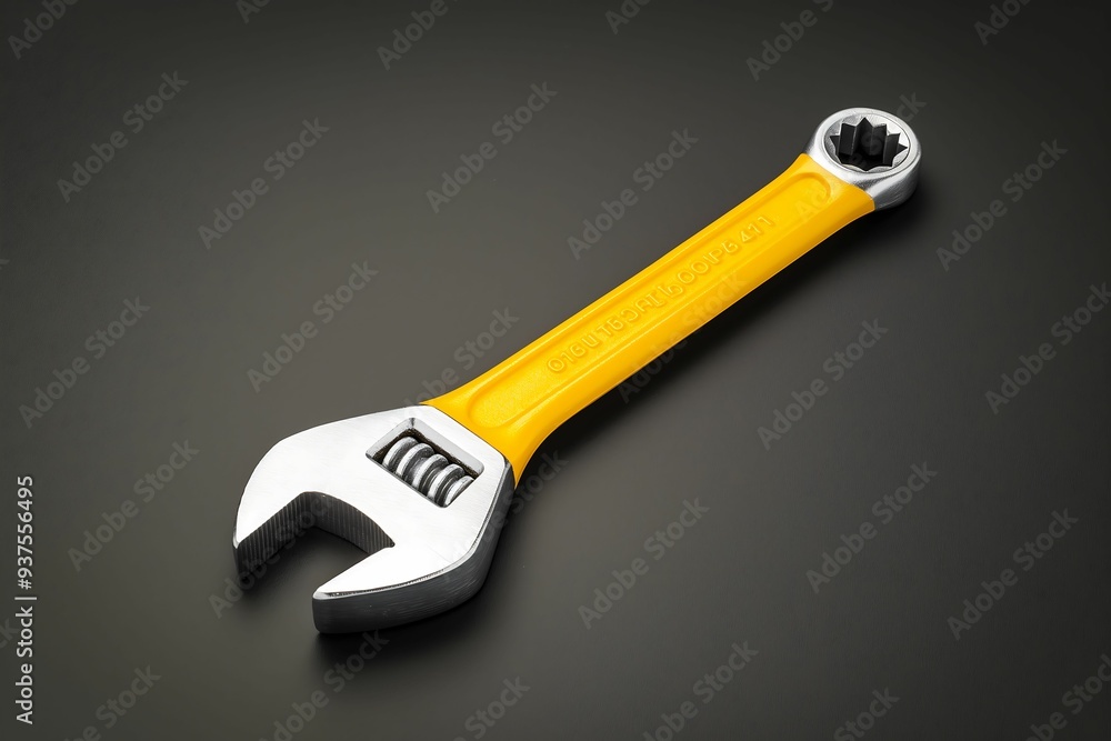 Poster isometric view of an adjustable wrench symbolizing versatility significance and flexibility color pe
