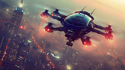 A futuristic delivery drone gliding over a bustling cityscape at dusk, with neon lights reflecting off its sleek design