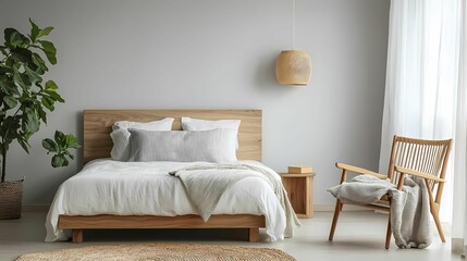 Elegant bedroom design featuring a wooden bed, cozy linens, and stylish chair, complemented by natural light and greenery.