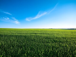 Obraz premium Expansive Lush Green Meadow Under Vibrant Blue Sky with Plenty of Clear Space