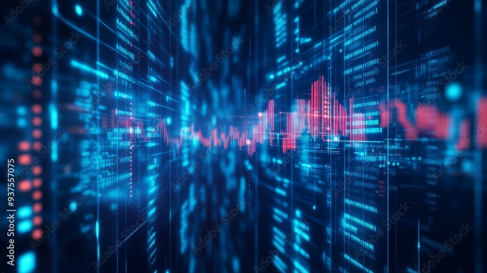 Poster abstract digital data visualization with glowing blue and red lights, representing big data, technol