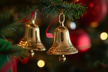 Golden bell hanging from the Christmas tree