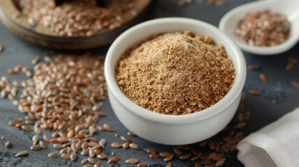 Ground Flaxseed in White Bowl with Whole Seeds on Table