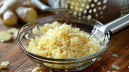 Grated ginger on a metal grater with ginger root pieces on a wooden cutting board.
