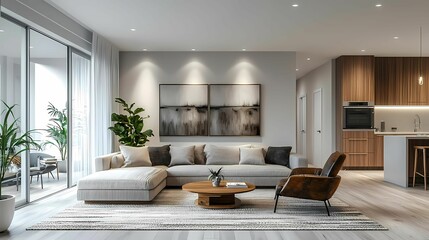 Modern living room featuring elegant furniture, soft lighting, and a cozy atmosphere with plants and a stylish decor.