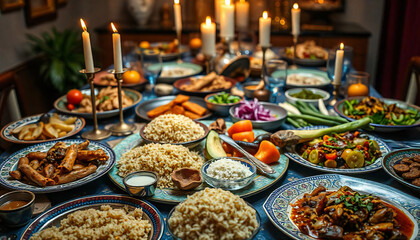 A traditional Middle Eastern or North African meal spread with various dishes including rice, and candles, creating a warm and inviting atmosphere