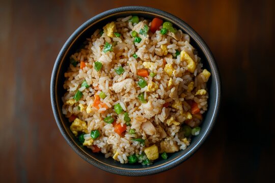 Chicken Fried Rice, A popular variation that includes pieces of chicken, along with common ingredients like eggs, vegetables, and soy sauce.Top View