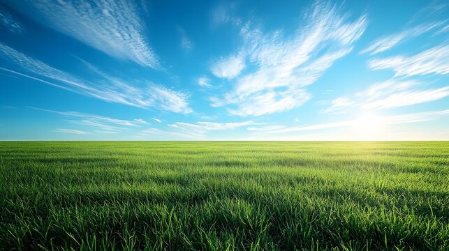 Vast green meadow under a clear blue sky with wispy cloud formations at sunrise or sunset