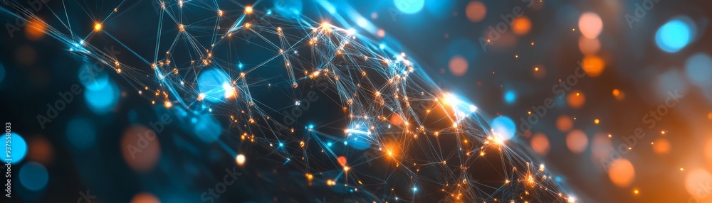 Poster abstract digital network background with glowing blue and orange nodes, connected lines depicting da