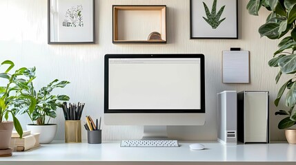 Modern workspace featuring a computer, plants, and decorative elements, ideal for productivity and creativity.