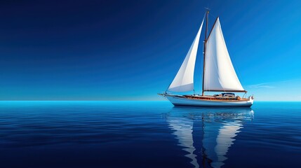 A serene sailboat glides across crystal-clear waters under a bright blue sky, creating a peaceful and tranquil scene.