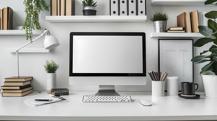 Modern workspace featuring a computer, books, and plants for a productive and aesthetic environment.