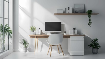 Modern workspace featuring a desk, computer, and plants, illuminated by natural light, creating a serene and stylish environment.
