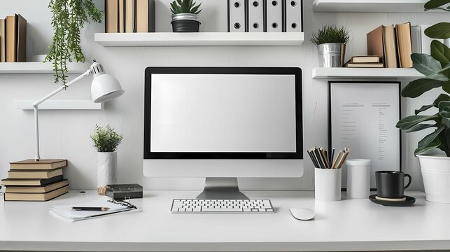 Modern workspace featuring a computer, books, and plants for a productive and aesthetic environment.