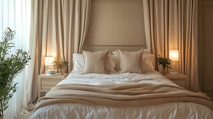 Serene and cozy bedroom featuring soft linens, elegant curtains, and warm lighting for a peaceful retreat.