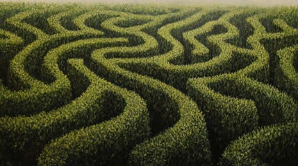 Serene Green Maze - A tranquil oil painting depicting a sprawling green maze with winding paths, inviting exploration and peaceful contemplation.