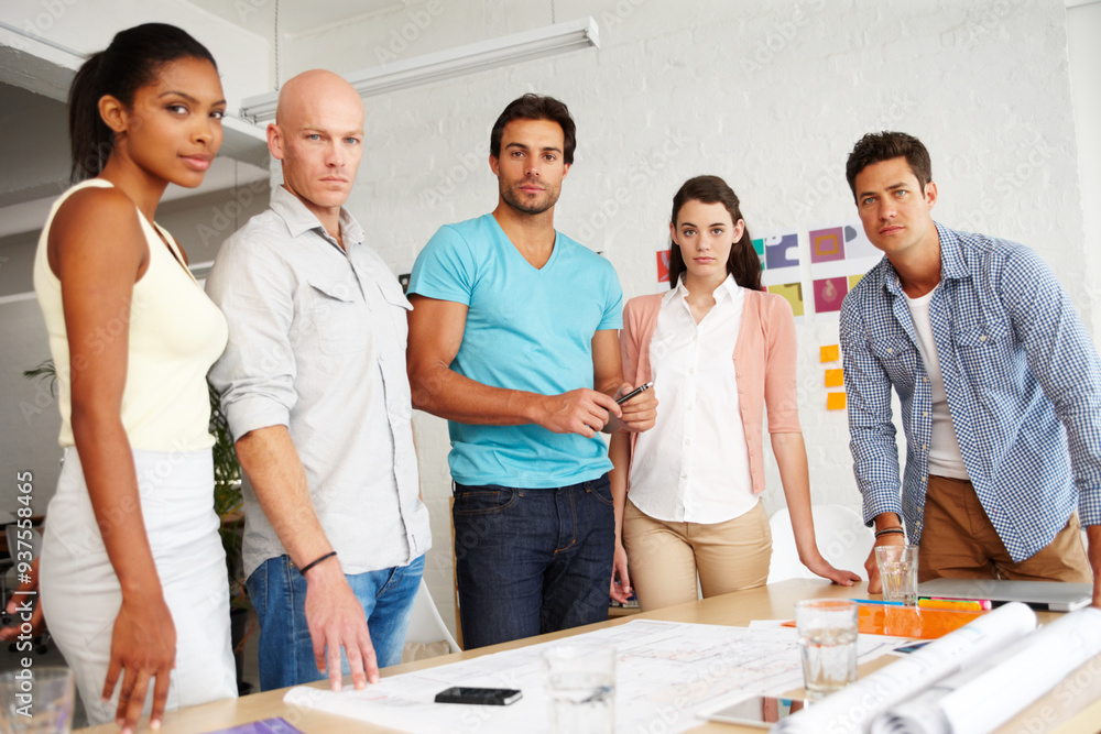 Poster business people, meeting and blueprint with portrait, teamwork and architecture group with notes. de