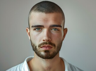 Obraz premium Portrait of a Handsome Man with Short Shaved Hair and a Beard Looking at Camera