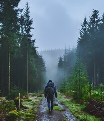 Lone Hiker in a Misty Forest