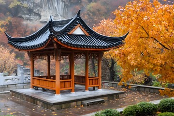 Naklejka premium Traditional Chinese Pagoda Surrounded by Autumn Foliage
